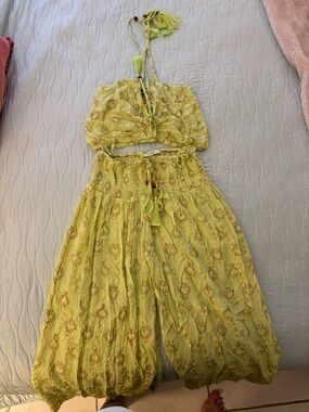 Boho Miami Lime Green and Gold Embroidered Two-Piece Halter Set small